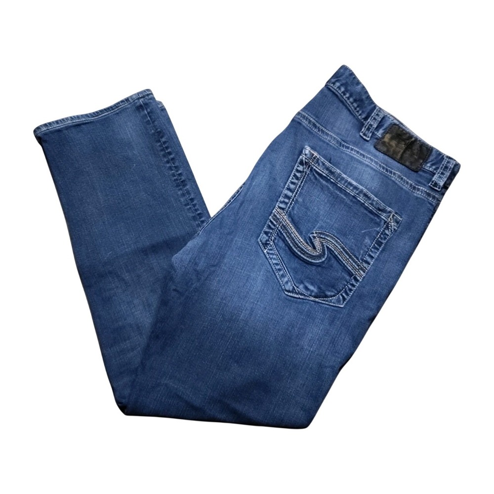 Silver Jeans Co Eddie Relaxed Tapered Mens 44x34 Blue Distressed Stretch Denim